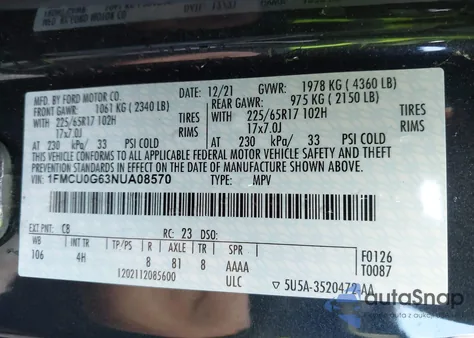 2022 Ford Escape Se z USA, uszkodzony, nr VIN 1FMCU0G63NUA08570